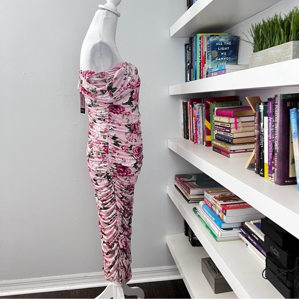 Pink Floral Off Shoulder Ruched Maternity Midi Dress size 6 - Picture 8 of 16